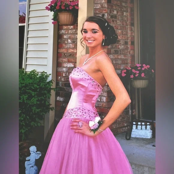 strapless open back dress 27Dress Pink Short A-line Sweetheart Tulle Beading Formal Prom Dresses –  27dress main image 0